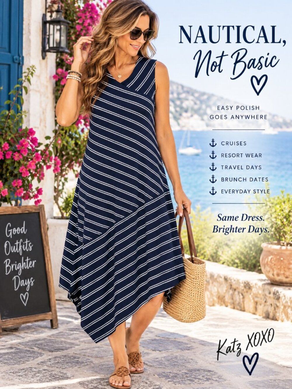 Chico's Navy Stripe Asymmetrical Midi Dress 1 M V Neck Coastal Cruise Travel